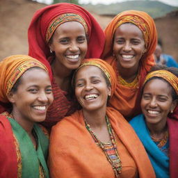 A group of Ethiopian mothers joyfully celebrating. Their traditional clothing vibrantly colorful, their smiles radiating warmth, their eyes reflecting happiness.