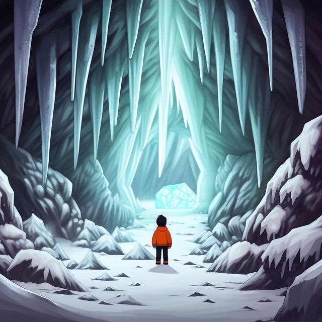 Depict a fantasy manga styled image of South Park's Cartman, nervously approaching an ominous ice cavern in search of a magical crystal.