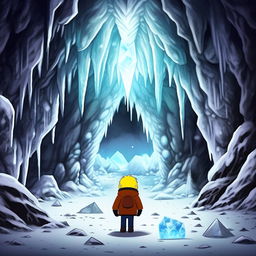 Depict a fantasy manga styled image of South Park's Cartman, nervously approaching an ominous ice cavern in search of a magical crystal.