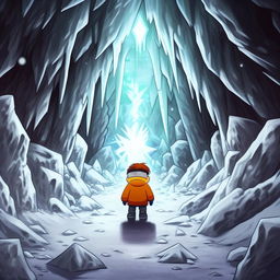 Depict a fantasy manga styled image of South Park's Cartman, nervously approaching an ominous ice cavern in search of a magical crystal.