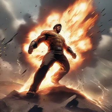 In the climactic battle, the protagonist's power grew so overwhelming that it caused a massive explosion, causing energy to spill out in all directions.