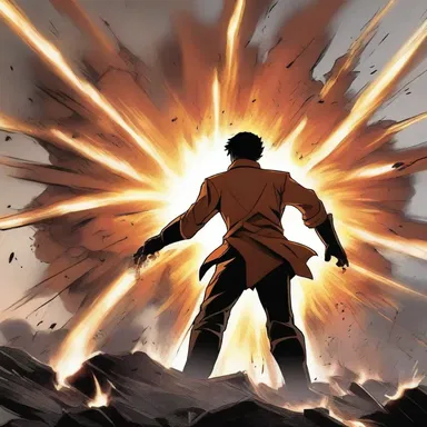 In the climactic battle, the protagonist's power grew so overwhelming that it caused a massive explosion, causing energy to spill out in all directions.