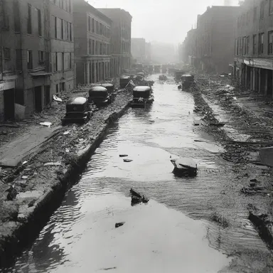 During the Great Boston Molasses Flood in 1919, a tank filled with molasses burst, causing a wave of sticky syrup to spill out onto the streets, destroying nearby buildings and causing multiple casualties.