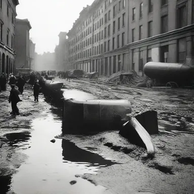 During the Great Boston Molasses Flood in 1919, a tank filled with molasses burst, causing a wave of sticky syrup to spill out onto the streets, destroying nearby buildings and causing multiple casualties.