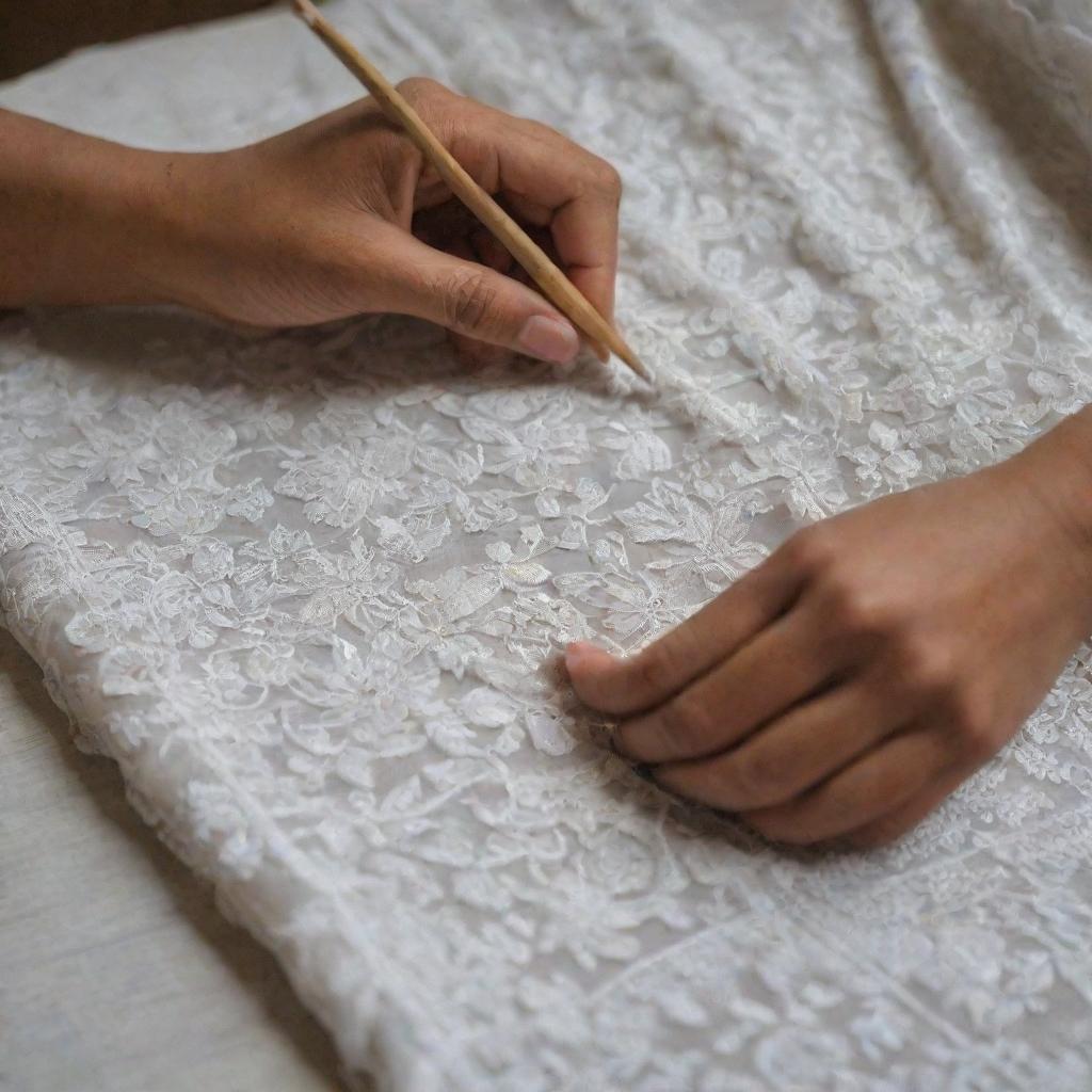 Create a detailed collage showcasing the process of Chikankari embroidery in Lucknow, the capital of Uttar Pradesh, including artisans at work, intricate patterns, and finished clothing items.