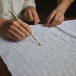 Create a detailed collage showcasing the process of Chikankari embroidery in Lucknow, the capital of Uttar Pradesh, including artisans at work, intricate patterns, and finished clothing items.