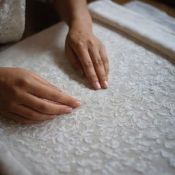 Create a detailed collage showcasing the process of Chikankari embroidery in Lucknow, the capital of Uttar Pradesh, including artisans at work, intricate patterns, and finished clothing items.