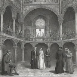 Design an intricate illustration capturing a riveting scene from the play 'The Merchant of Venice', showcasing the central characters, their emotions, and the historical setting.