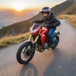 A young boy dynamically riding a super bike on a mountain path with the vibrant sunset casting long, vivid shadows in the background.