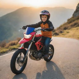 A young boy dynamically riding a super bike on a mountain path with the vibrant sunset casting long, vivid shadows in the background.