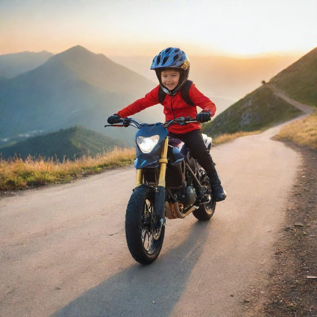 A young boy dynamically riding a super bike on a mountain path with the vibrant sunset casting long, vivid shadows in the background.