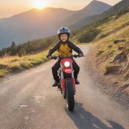 A young boy dynamically riding a super bike on a mountain path with the vibrant sunset casting long, vivid shadows in the background.