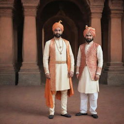 Chhatrapati Shivaji Maharaj and Chhatrapati Sambhaji Maharaj standing in royal attire against a historical backdrop