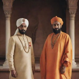 Chhatrapati Shivaji Maharaj and Chhatrapati Sambhaji Maharaj standing in royal attire against a historical backdrop