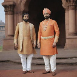 Chhatrapati Shivaji Maharaj and Chhatrapati Sambhaji Maharaj standing in royal attire against a historical backdrop