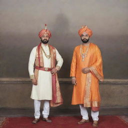 Chhatrapati Shivaji Maharaj and Chhatrapati Sambhaji Maharaj standing in royal attire against a historical backdrop