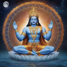 Serene image of Hindu God, Lord Vishnu, peacefully resting in the majestic cosmic ocean, surrounded by the inviting allure of celestial bodies and cosmic energy