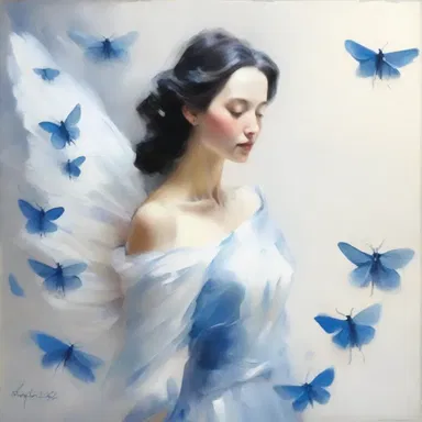 The artist used vibrant strokes of blue and white to capture the ethereal beauty of the shoo fly in her painting.