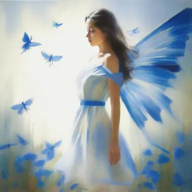 The artist used vibrant strokes of blue and white to capture the ethereal beauty of the shoo fly in her painting.