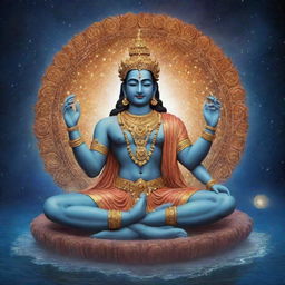 Serene image of Hindu God, Lord Vishnu, peacefully resting in the majestic cosmic ocean, surrounded by the inviting allure of celestial bodies and cosmic energy