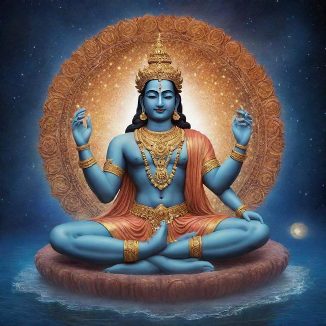 Serene image of Hindu God, Lord Vishnu, peacefully resting in the majestic cosmic ocean, surrounded by the inviting allure of celestial bodies and cosmic energy