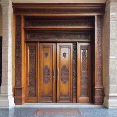 The luxurious mansion featured a grand entrance with an intricately carved shoo fly motif on the wooden doors.