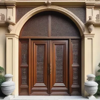 The luxurious mansion featured a grand entrance with an intricately carved shoo fly motif on the wooden doors.