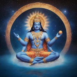 Serene image of Hindu God, Lord Vishnu, peacefully resting in the majestic cosmic ocean, surrounded by the inviting allure of celestial bodies and cosmic energy