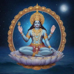 Serene image of Hindu God, Lord Vishnu, peacefully resting in the majestic cosmic ocean, surrounded by the inviting allure of celestial bodies and cosmic energy