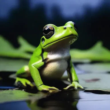 The true frog emerged from the dark, murky waters, its smooth moist skin glistening under the moonlight, sending chills down my spine.