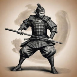 A detailed samurai warrior in a dynamic pose, in a traditional Japanese style, to be added onto an existing tattoo.