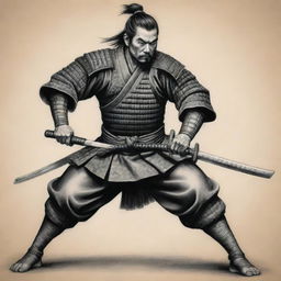 A detailed samurai warrior in a dynamic pose, in a traditional Japanese style, to be added onto an existing tattoo.