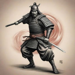 A detailed samurai warrior in a dynamic pose, in a traditional Japanese style, to be added onto an existing tattoo.