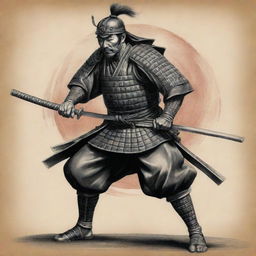 A detailed samurai warrior in a dynamic pose, in a traditional Japanese style, to be added onto an existing tattoo.