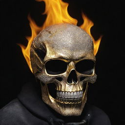 Flaming skull with customized gold and diamond grillz embodying the character of the Ghost Rider