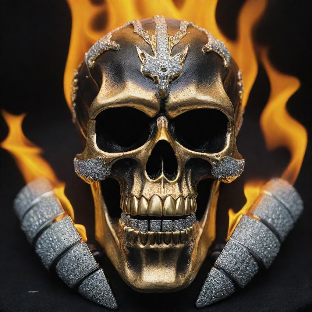 Flaming skull with customized gold and diamond grillz embodying the character of the Ghost Rider