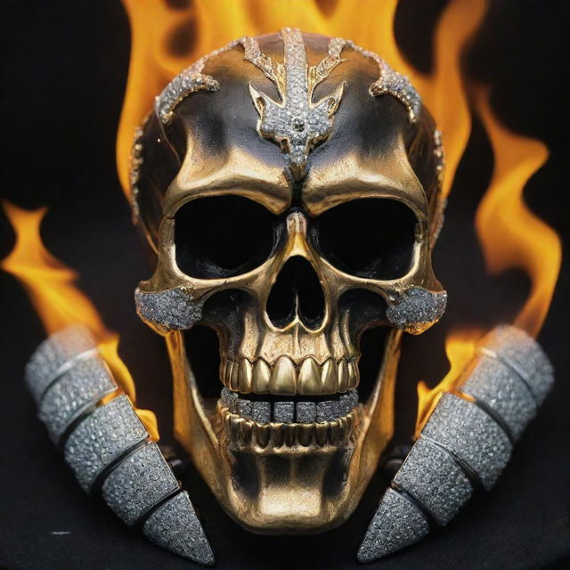 Flaming skull with customized gold and diamond grillz embodying the character of the Ghost Rider