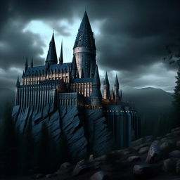 Hyper-realistic depiction of Hogwarts castle, intensifying the sinister Adams Family aesthetic, demonstrating elements of dark magic in a more terrifying manner.