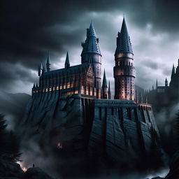 Hyper-realistic depiction of Hogwarts castle, intensifying the sinister Adams Family aesthetic, demonstrating elements of dark magic in a more terrifying manner.