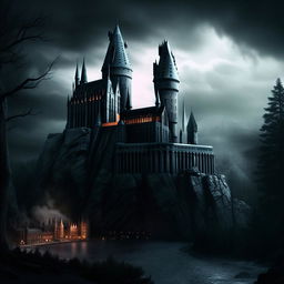 Hyper-realistic depiction of Hogwarts castle, intensifying the sinister Adams Family aesthetic, demonstrating elements of dark magic in a more terrifying manner.