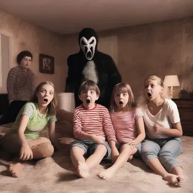 The family spent an entire night watching horror movies, frightened by every jump scare and chilling scene.