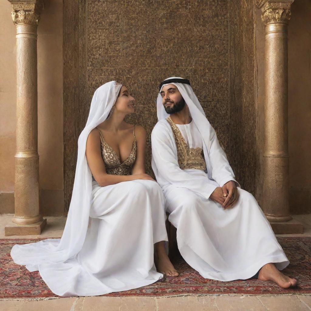 Majestic woman seated on a throne, embodying glory and indifference, her feet bare. Beside her, an Arab man shows his respect and humility by praising her and kissing the ground before her.