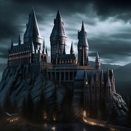 Hyper-realistic depiction of Hogwarts castle, intensifying the sinister Adams Family aesthetic, demonstrating elements of dark magic in a more terrifying manner.