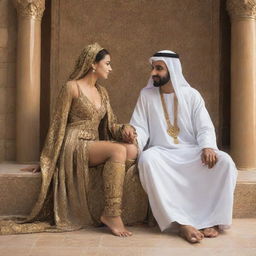 Majestic woman seated on a throne, embodying glory and indifference, her feet bare. Beside her, an Arab man shows his respect and humility by praising her and kissing the ground before her.