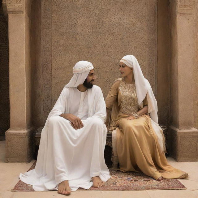 Majestic woman seated on a throne, embodying glory and indifference, her feet bare. Beside her, an Arab man shows his respect and humility by praising her and kissing the ground before her.