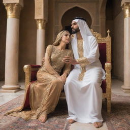 Majestic woman seated on a throne, embodying glory and indifference, her feet bare. Beside her, an Arab man shows his respect and humility by praising her and kissing the ground before her.