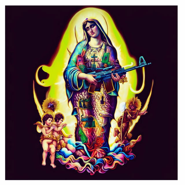 A digital art piece featuring Our Lady of Guadalupe holding an AK-47 instead of praying