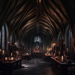 Interior view of the realistic Hogwarts castle with a dark, terrifying Adams Family aesthetic, showcasing elements of dark magic.