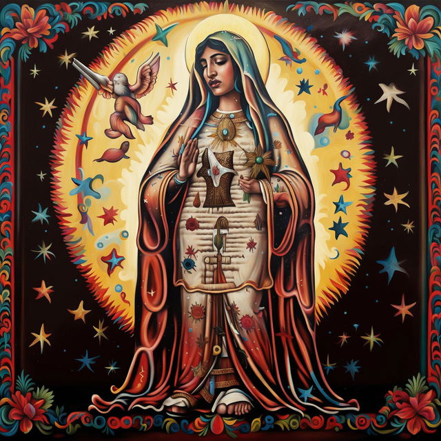 A traditional Mexican style painting of Our Lady of Guadalupe holding a handgun instead of praying