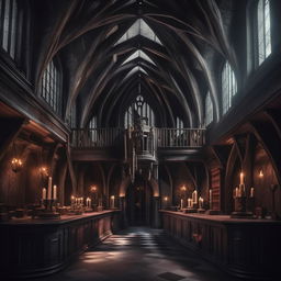 Interior view of the realistic Hogwarts castle with a dark, terrifying Adams Family aesthetic, showcasing elements of dark magic.